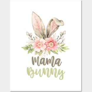 Mama Bunny Watercolor Ears with Flowers Posters and Art